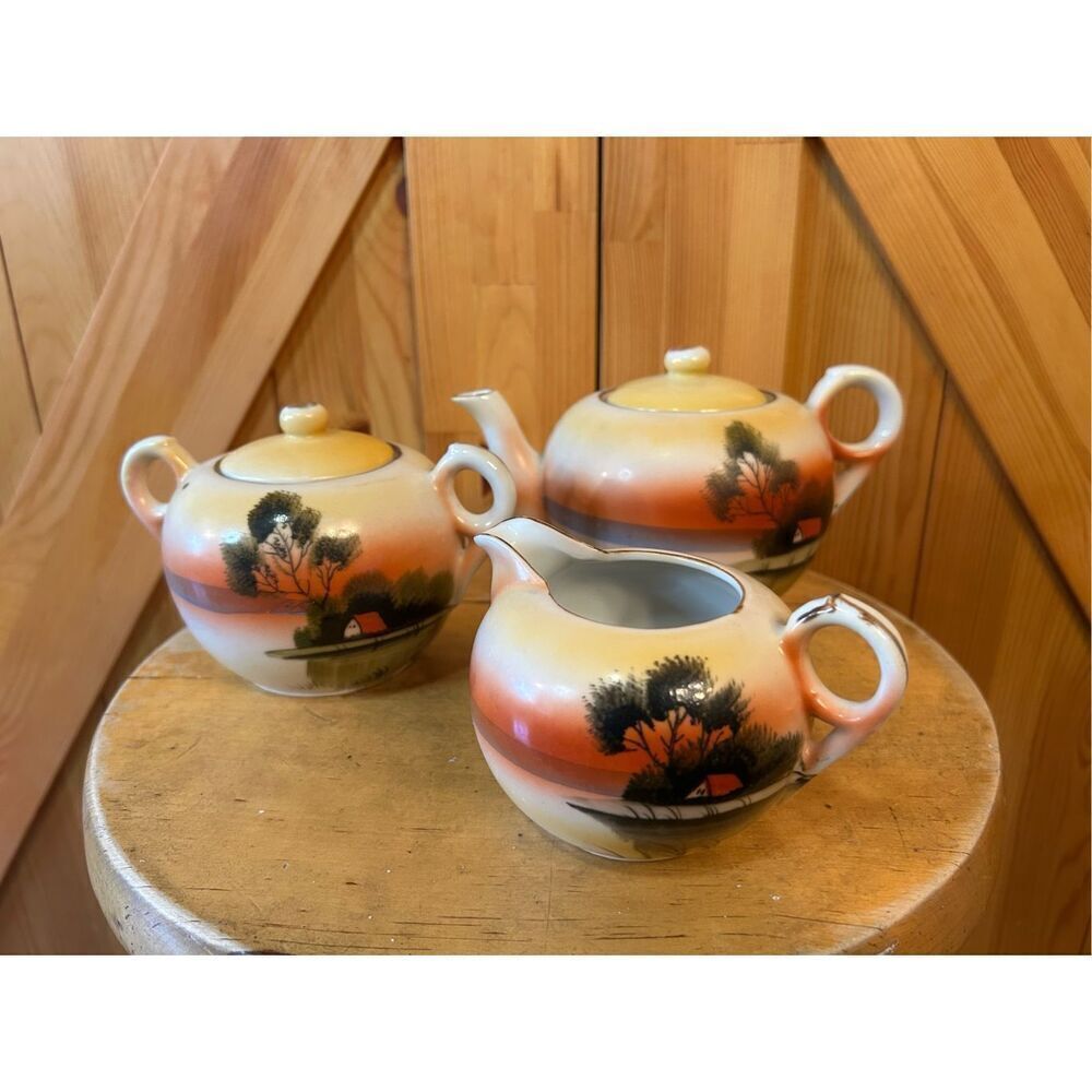 Vintage  Lustreware Tea Set. Japan Made China Teapot Covered Sugar Bowl and Crea